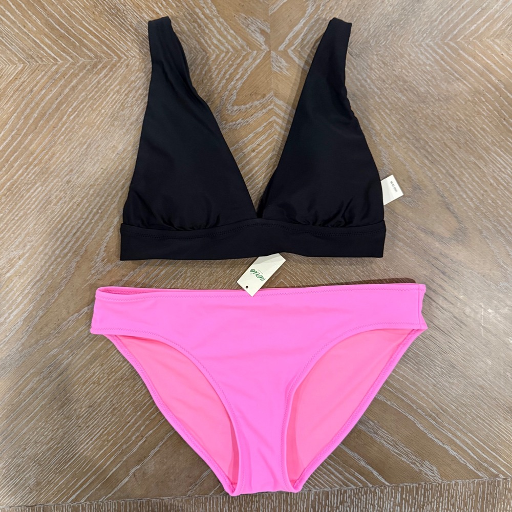 Aerie NWT Triangle Bikini Top Black‎ + Pink Bottoms Set Women Medium